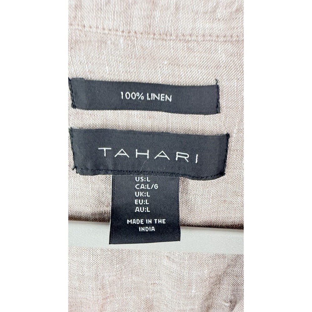 Tahari 100% Linen Tunic Top Sz L Taupe Popover 3/4 Sleeve Relaxed Coastal Beachy - Picture 3 of 5